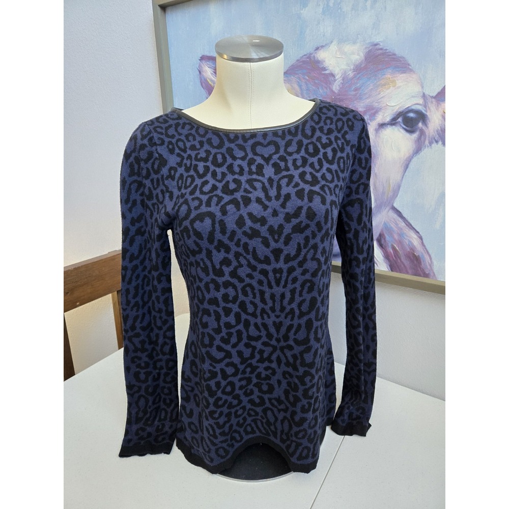 41 Hawthorn Women's Small Navy Black Leopard Print Faux Leather LS Knit Sweater